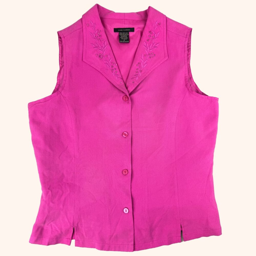 Anne Carson 100% Silk Top Shirt Sleeveless Embroidered Embellished